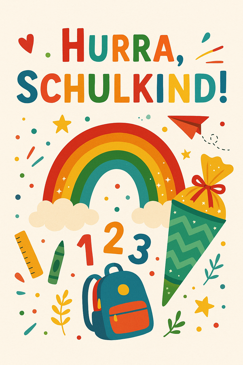 Regenbogen, Zahlen und Schulranzen, Text: „Hurra, Schulkind!“