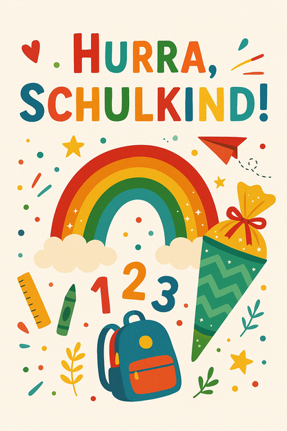 Regenbogen, Zahlen und Schulranzen, Text: „Hurra, Schulkind!“