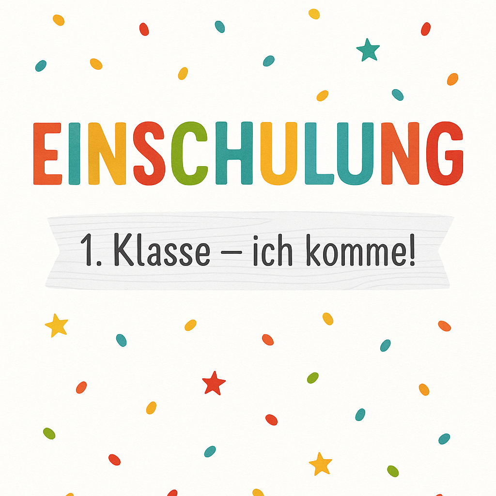 Bunter Konfettihintergrund mit moderner Typografie: „Einschulung – 1. Klasse – ich komme!“