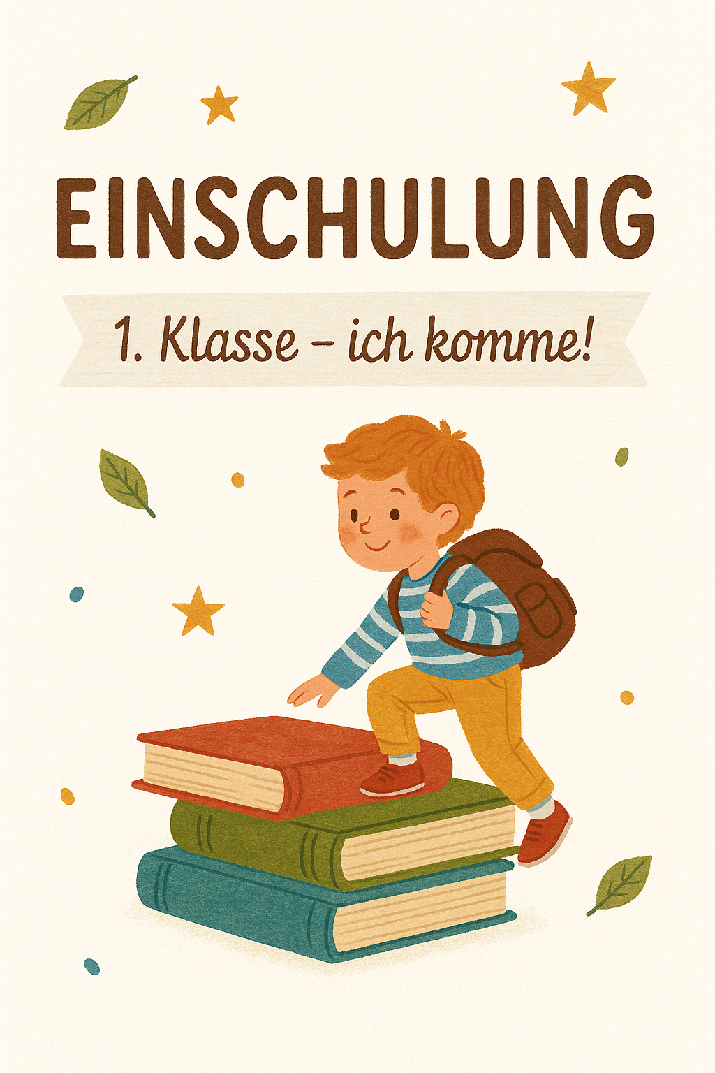 Junge springt von Büchern, Text: „Einschulung – 1. Klasse – ich komme!“
