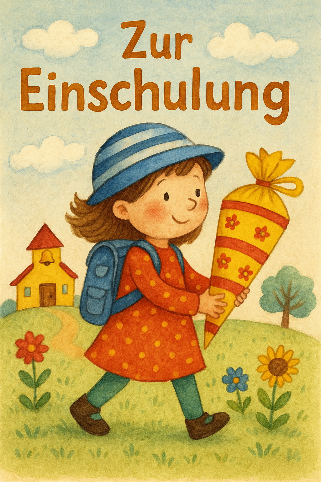 Mädchen mit roter Schultüte vor Schulhaus, Text: „Zur Einschulung“
