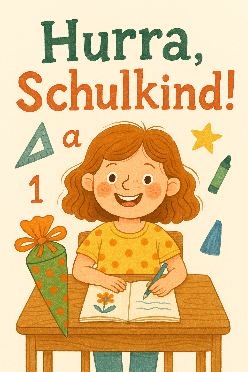 Lachendes Mädchen am Schreibtisch mit Apfel, Text: „Hurra, Schulkind!“
