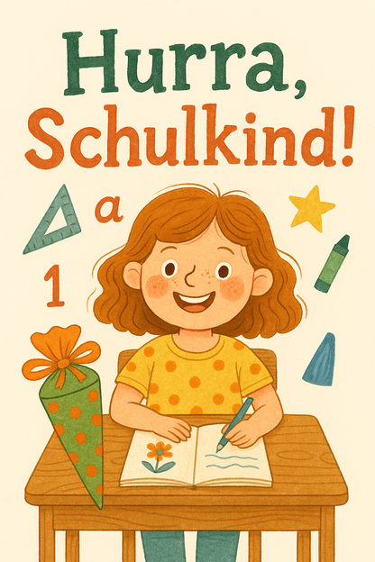 Lachendes Mädchen am Schreibtisch mit Apfel, Text: „Hurra, Schulkind!“
