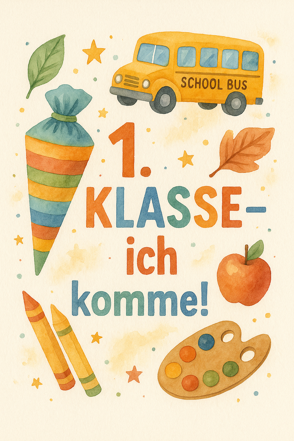 Schultüte mit Pinsel, Apfel und Schulbus, Text: „1. Klasse – ich komme!“