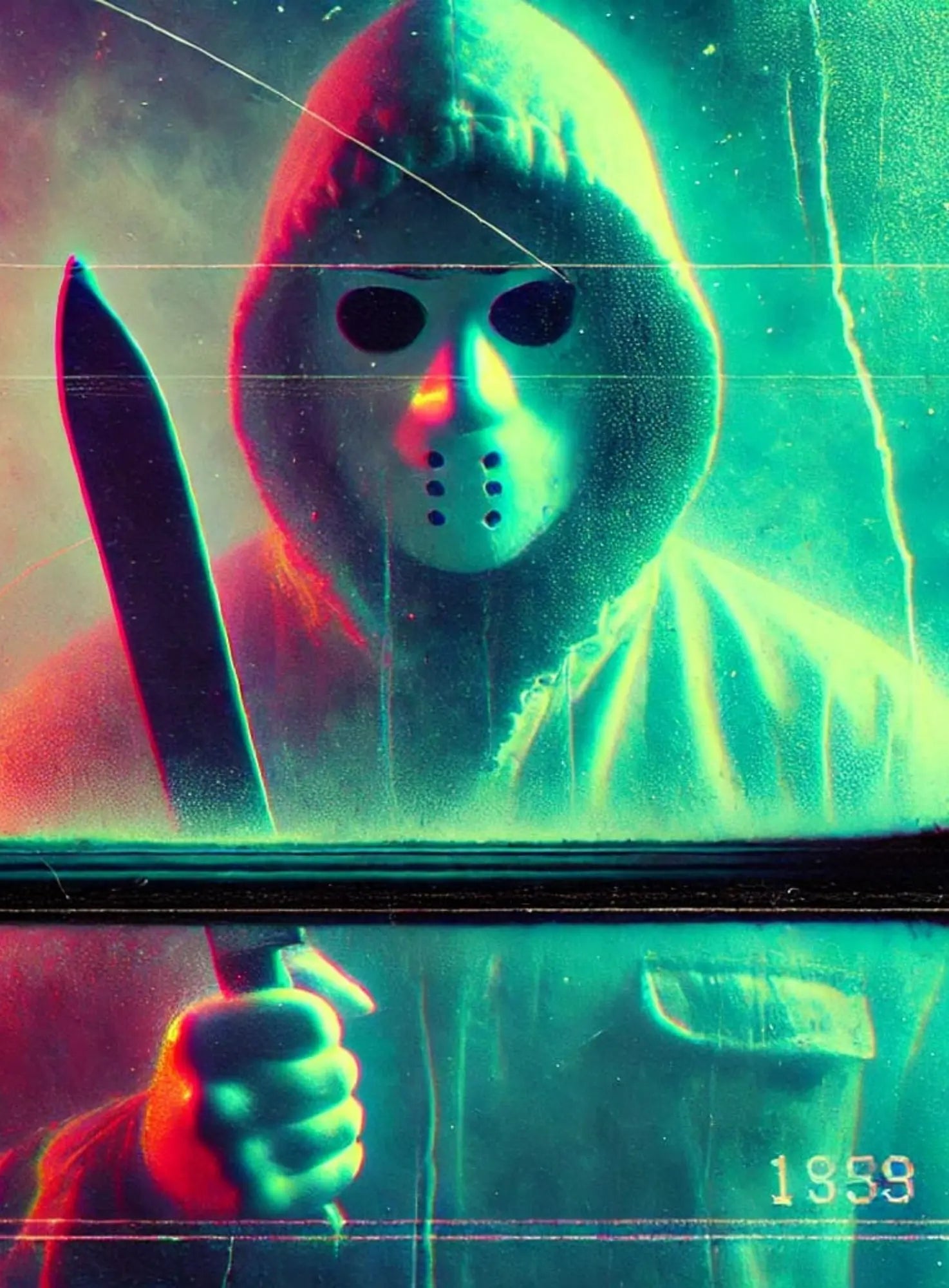 Horror-Tortenaufleger mit maskiertem Killer im VHS-Stil – die Figur trägt eine Kapuze und hält ein Messer, das Bild ist wie eine alte Videoaufnahme gestaltet, mit grünen und roten Störungen und der eingeblendeten Jahreszahl „1989“.