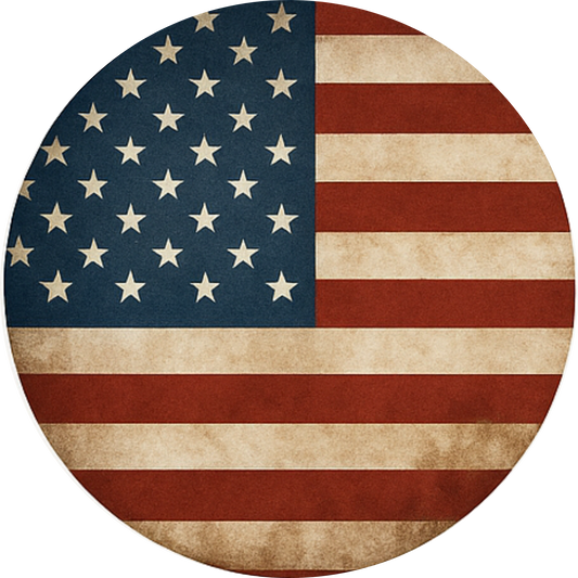 Retrodesign der US-Flagge mit verwitterter Struktur – rundes Motiv in gedeckten Farben.

