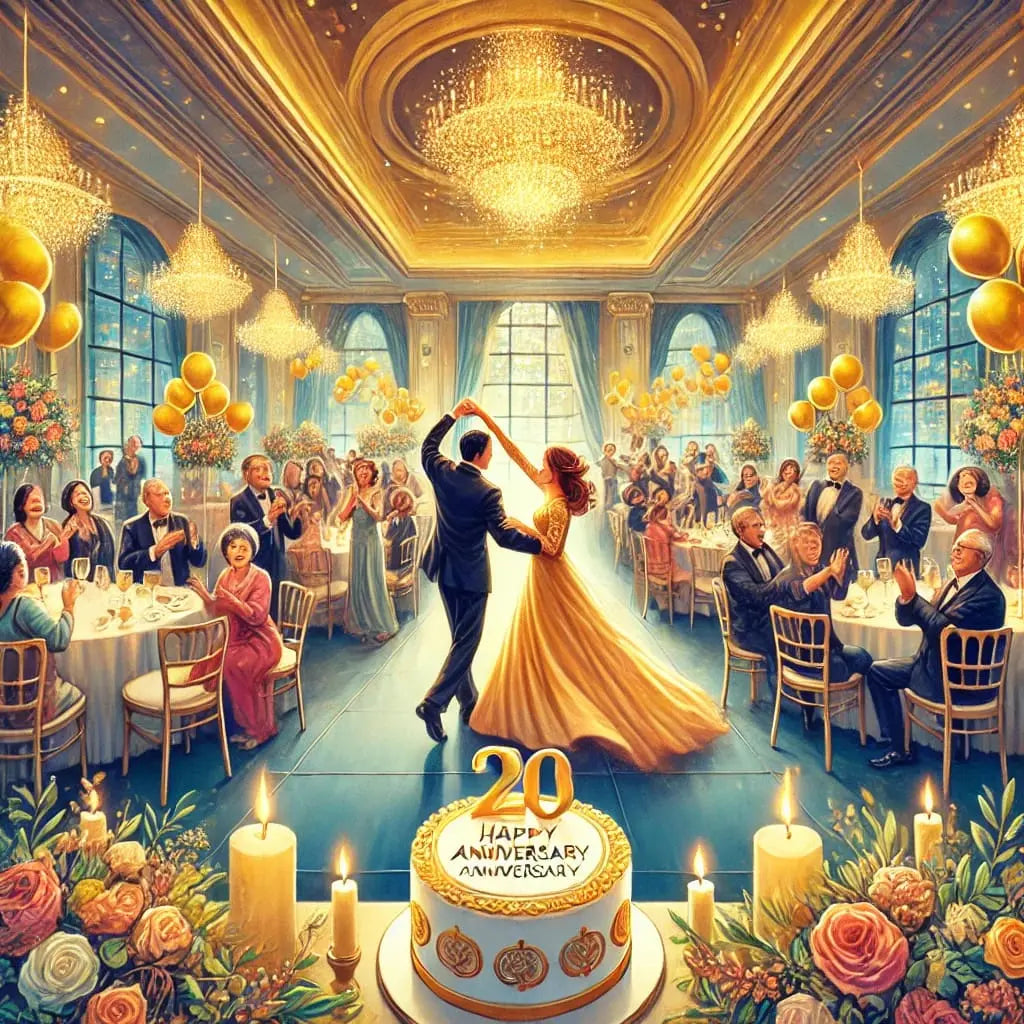  Feierlicher Hochzeitstag in einem prächtigen Saal mit vielen Gästen – Brautpaar tanzt unter funkelnden Kronleuchtern, eine große Torte mit „20 Jahre“ steht im Vordergrund.