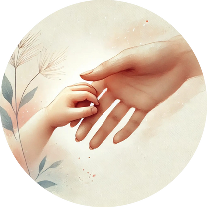 Symbolische Darstellung zweier Hände, die sich sanft berühren – Mutter-Kind-Geste.