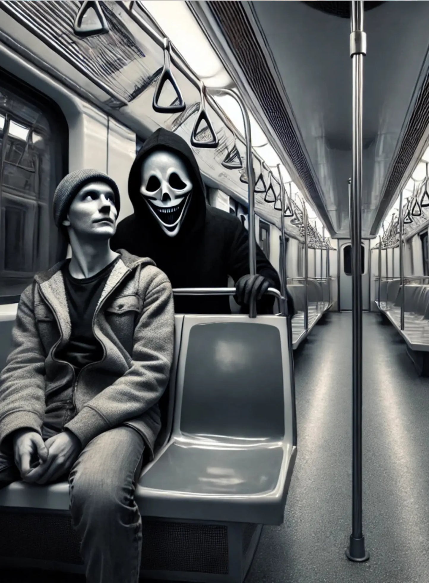 Psychologisch düstere Szene in einer leeren U-Bahn – zwei Personen mit starrem, ausdruckslosem Blick, bedrückendes Neonlicht verstärkt das Gefühl von Isolation und Wahnsinn.