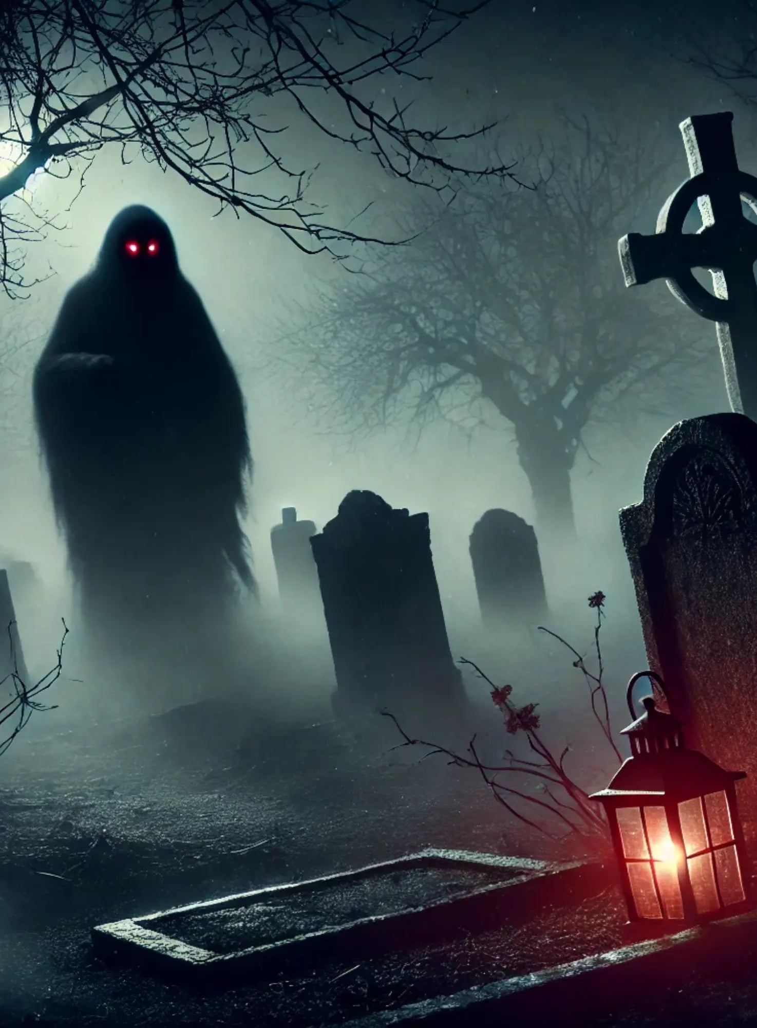 Düsteres Wesen auf dem Friedhof mit einer roten Lampe am Grabstein