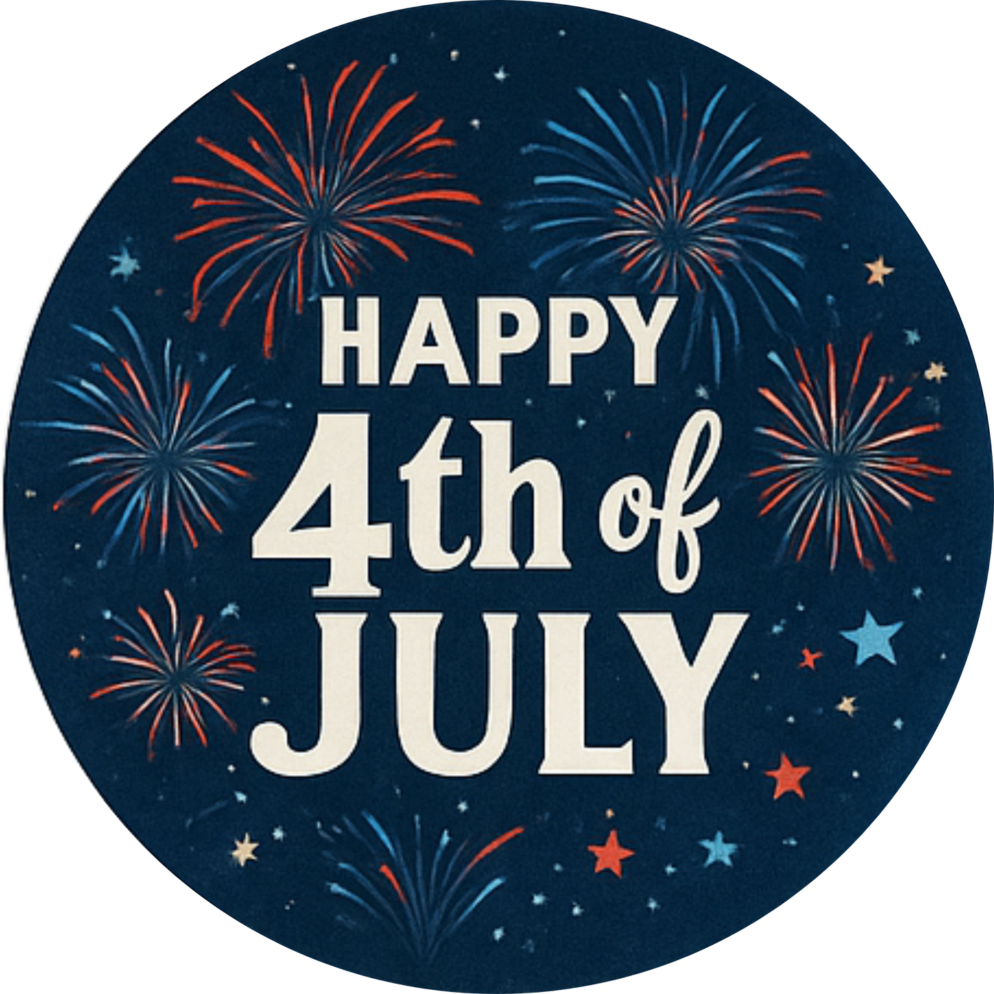 „Happy 4th of July“ mit glühendem Feuerwerk auf dunkelblauem Hintergrund – feierlich und kontraststark.