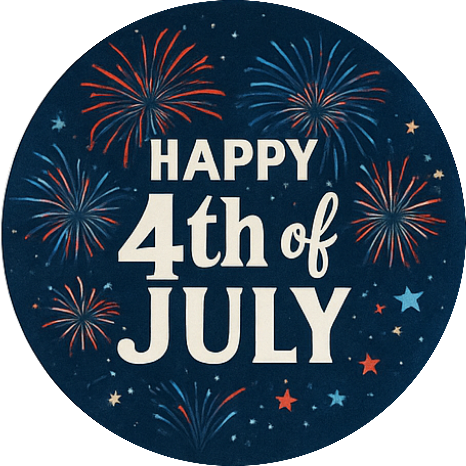 „Happy 4th of July“ mit glühendem Feuerwerk auf dunkelblauem Hintergrund – feierlich und kontraststark.