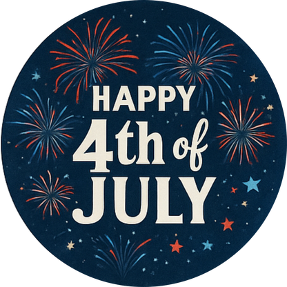 „Happy 4th of July“ mit glühendem Feuerwerk auf dunkelblauem Hintergrund – feierlich und kontraststark.