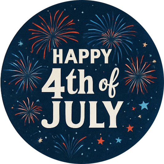 „Happy 4th of July“ mit glühendem Feuerwerk auf dunkelblauem Hintergrund – feierlich und kontraststark.