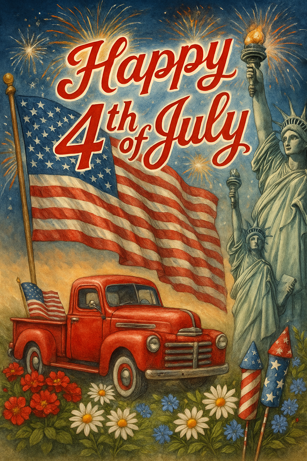 Vintage USA-Design mit rotem Pick-up-Truck, US-Flagge, Freiheitsstatue und „Happy 4th of July“-Schriftzug auf blauem Himmel mit Feuerwerk