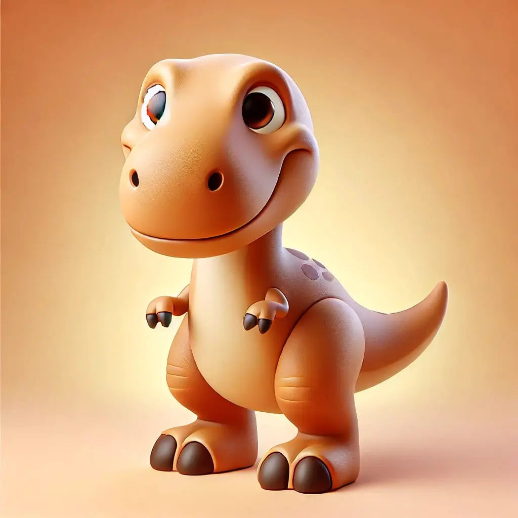 3D-animierter, brauner Dino auf hellem Hintergrund mit großen Augen