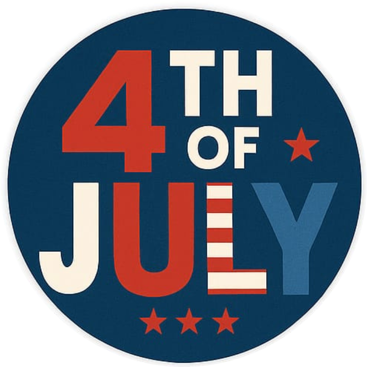 Klarer Schriftzug „4TH OF JULY“ auf dunklem Kreis mit Farbverlauf – moderne Optik mit Tiefe.
