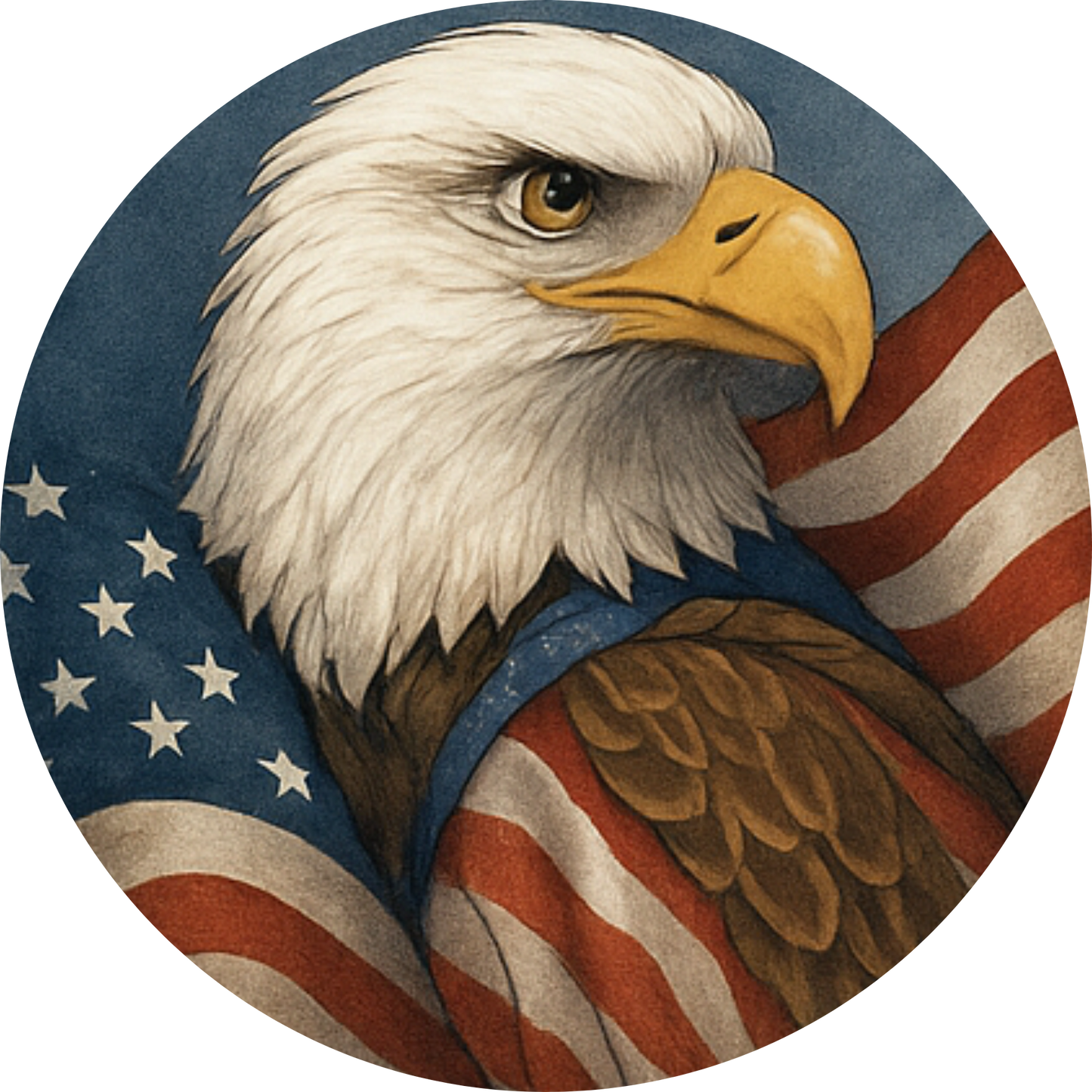 Stolzer Weißkopfseeadler vor amerikanischer Flagge – realistisches Tiermotiv zum Nationalfeiertag.
