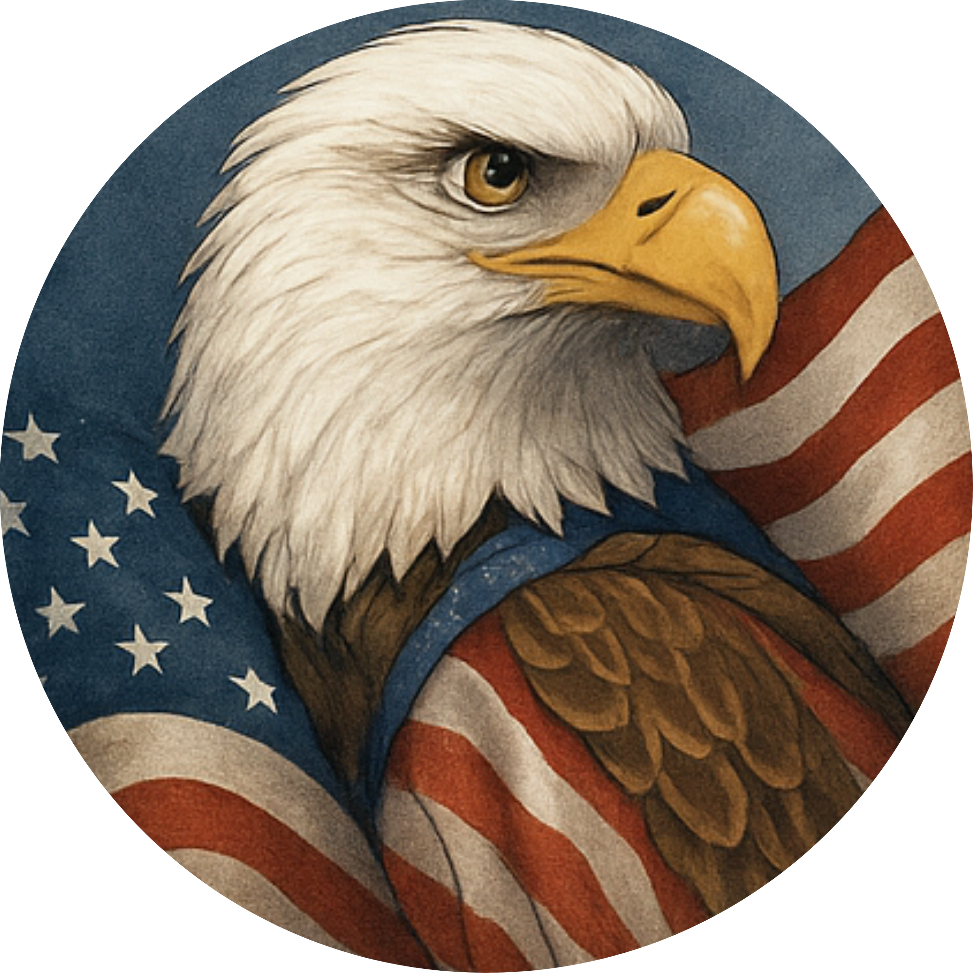 Stolzer Weißkopfseeadler vor amerikanischer Flagge – realistisches Tiermotiv zum Nationalfeiertag.
