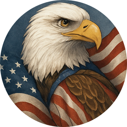 Stolzer Weißkopfseeadler vor amerikanischer Flagge – realistisches Tiermotiv zum Nationalfeiertag.
