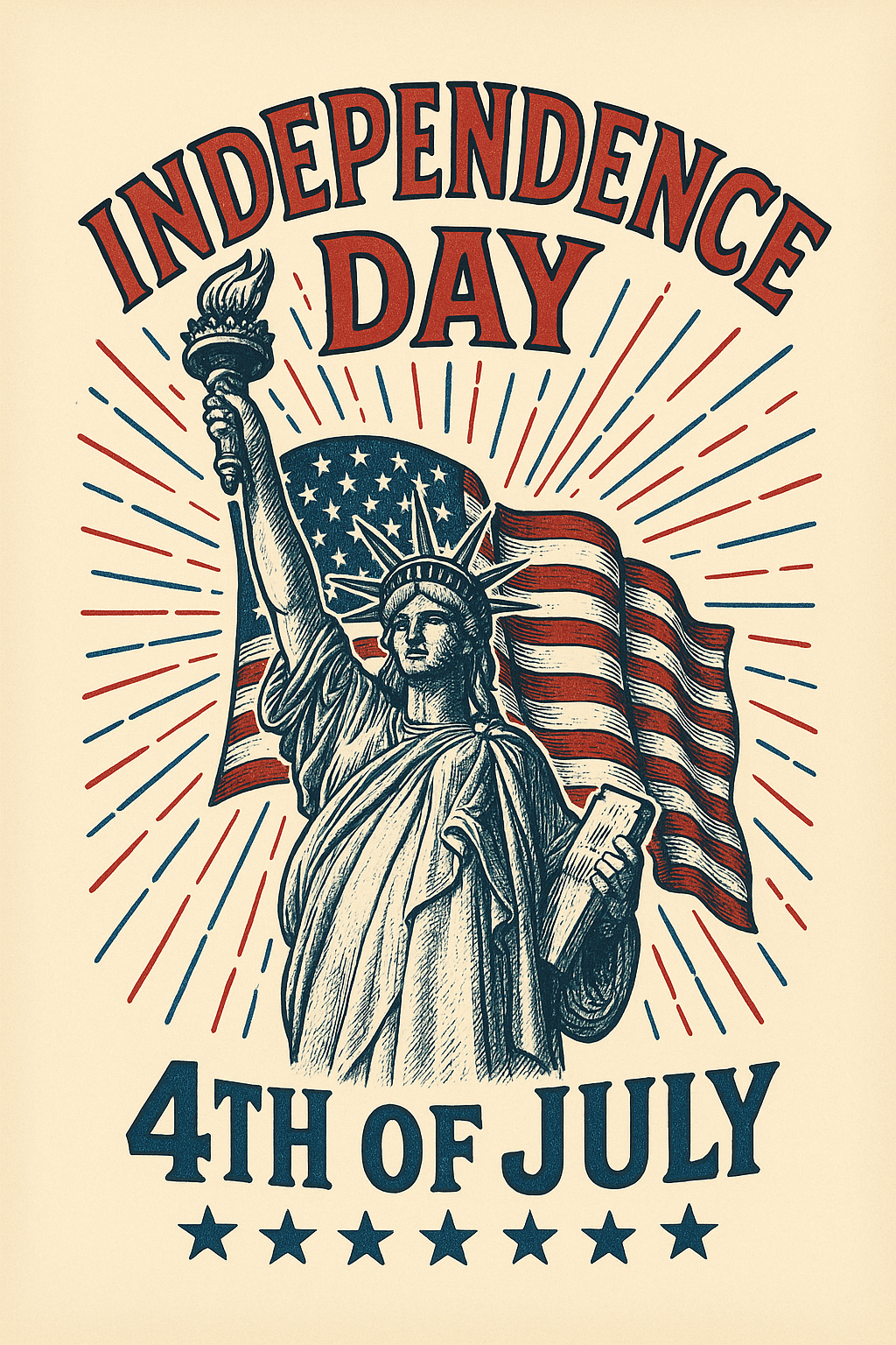 Retro-Stil mit Freiheitsstatue und Adlerkopf, roter Banner mit „Independence Day – 4th of July“
