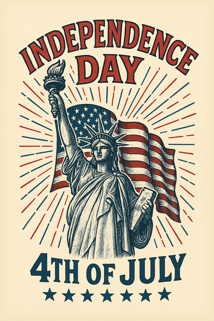 Retro-Stil mit Freiheitsstatue und Adlerkopf, roter Banner mit „Independence Day – 4th of July“
