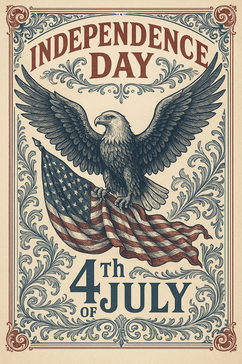 Illustration eines Adlers mit geöffneten Schwingen und Schriftzug „Independence Day – 4th of July“ auf verwittertem Hintergrund