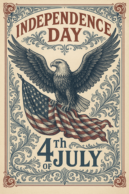 Illustration eines Adlers mit geöffneten Schwingen und Schriftzug „Independence Day – 4th of July“ auf verwittertem Hintergrund