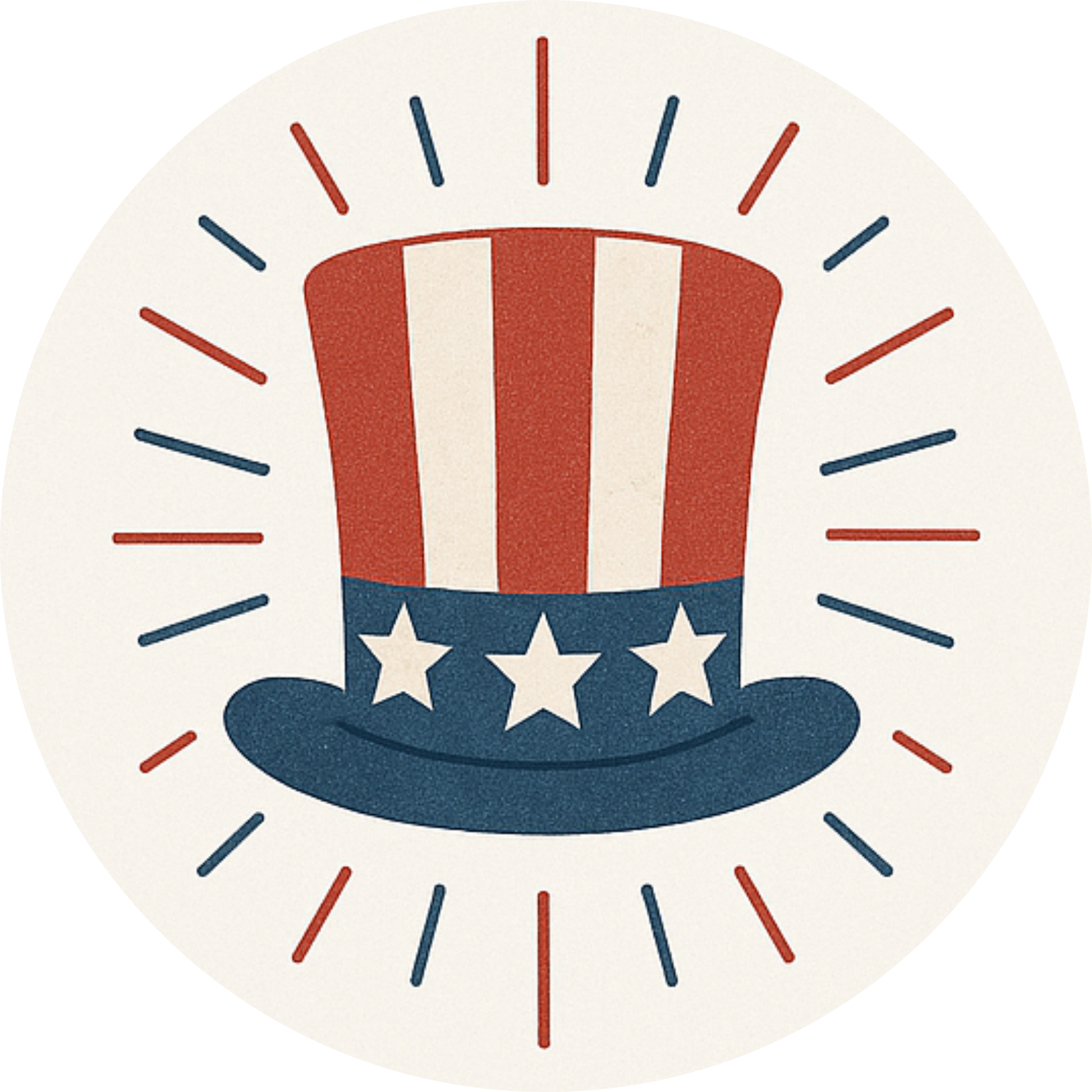 Zylinder im Uncle-Sam-Stil mit roten Sternenstrahlen – schlichtes Symbol für den 4. Juli.

