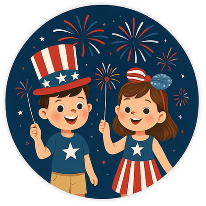 Zwei Kinder mit Sonnenbrillen und US-Flaggen, im Hintergrund Feuerwerk – fröhliches Kinderdesign.


