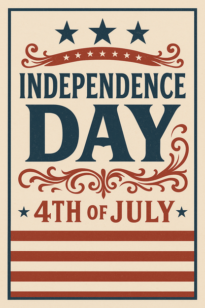 Minimalistisches Poster mit Liberty Bell und Schriftzug „Independence Day – 4th of July“ in Rot und Blau