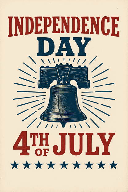 Illustration einer Küstenlandschaft mit Leuchtturm, US-Flagge und der Aufschrift „4th of July – Independence Day“