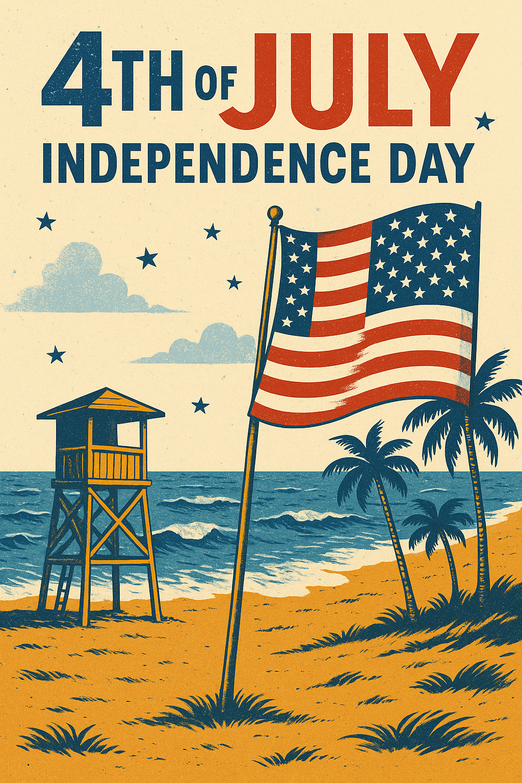 Schlichtes Design mit Sternen und Wellenmotiv in Rot, dazu Text „Happy Independence Day“