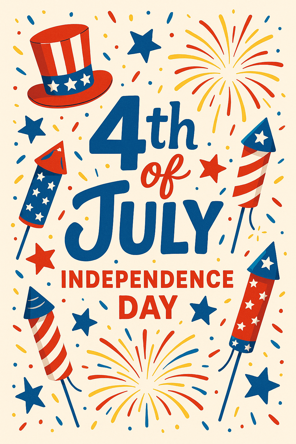 Verspieltes 4th of July-Design mit Party-Elementen, buntem Feuerwerk und Schriftzug „4th of July – Independence Day“