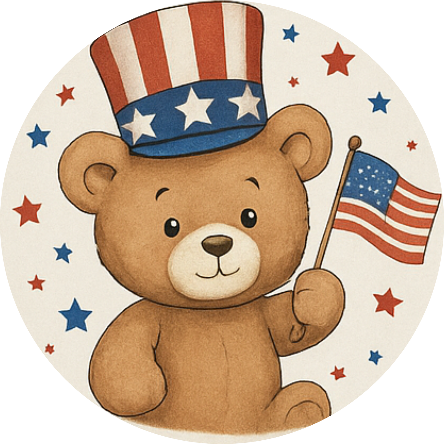 Niedlicher Teddybär mit amerikanischer Flagge – kindliches Design mit Sterne-Konfetti.