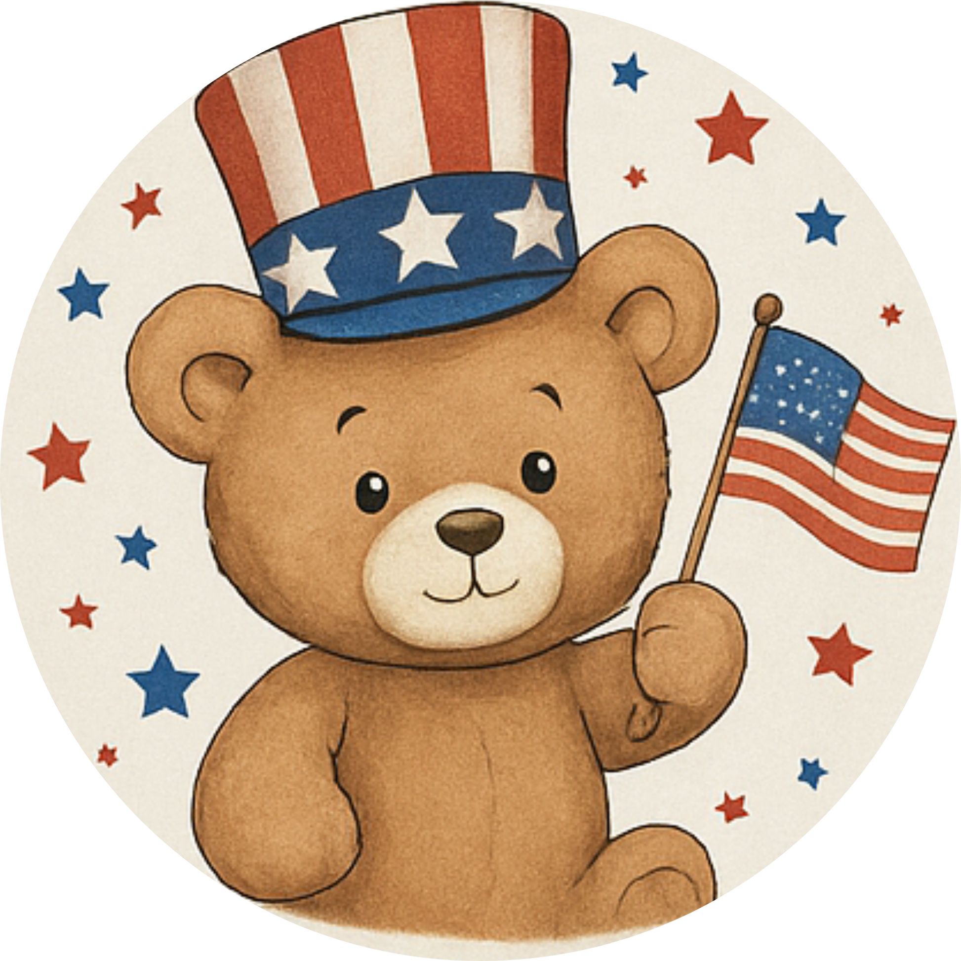 Niedlicher Teddybär mit amerikanischer Flagge – kindliches Design mit Sterne-Konfetti.