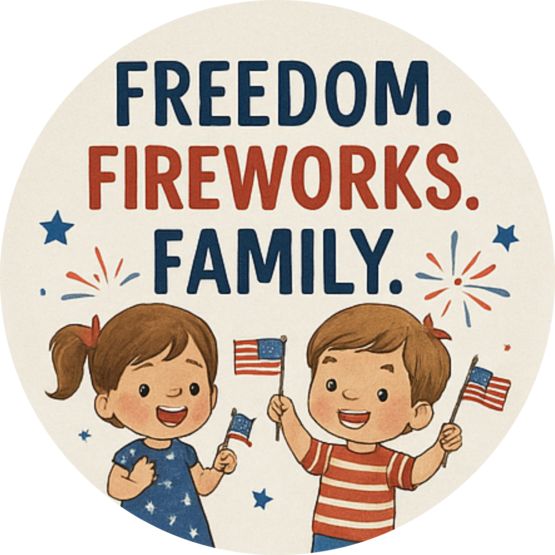 Zwei fröhliche Kinder mit USA-Accessoires und der Aufschrift „Freedom. Fireworks. Family.“ – liebevolles Familienmotiv.