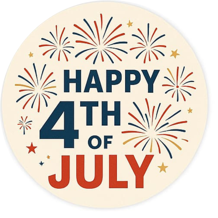 Typografisches Motiv mit „Happy 4th of July“ in fröhlicher Farbgestaltung und Funkenspritzern.