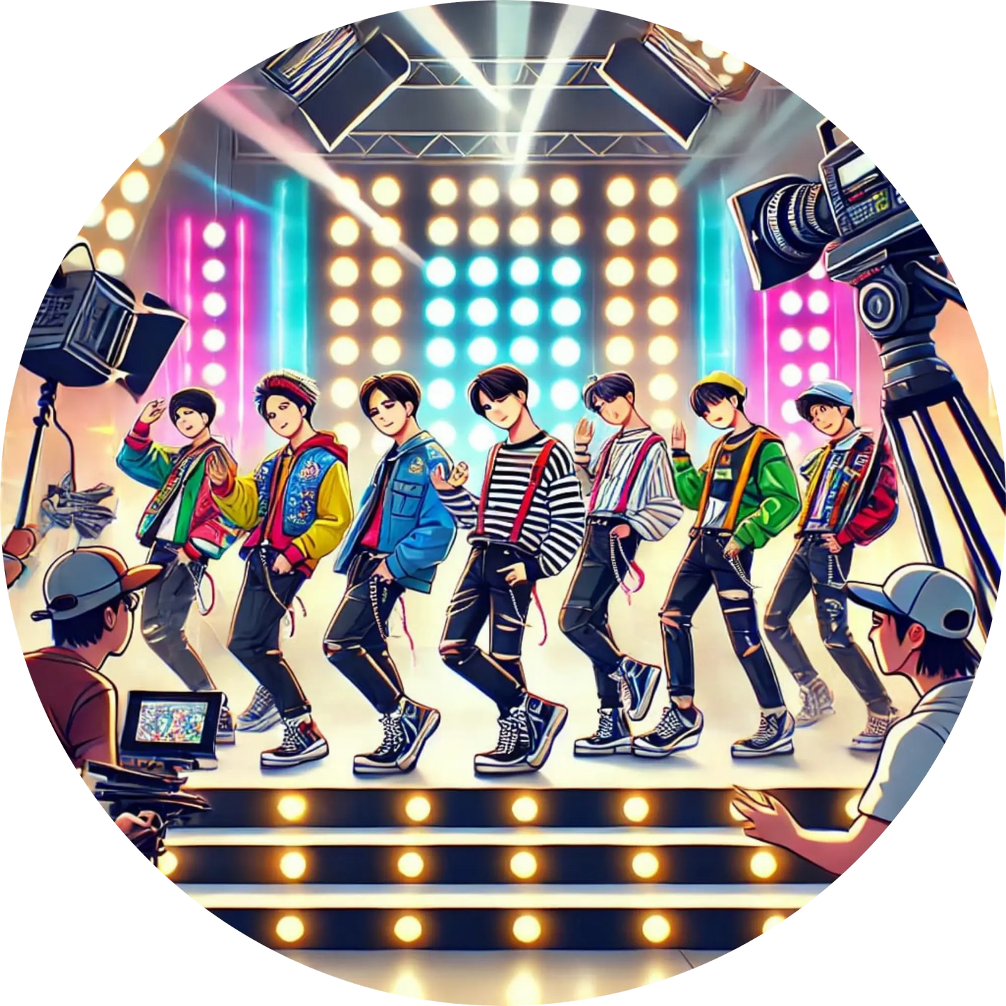 Dynamische K-Pop-Tanzperformance mit vielen Idolen auf hell erleuchteter Bühne
