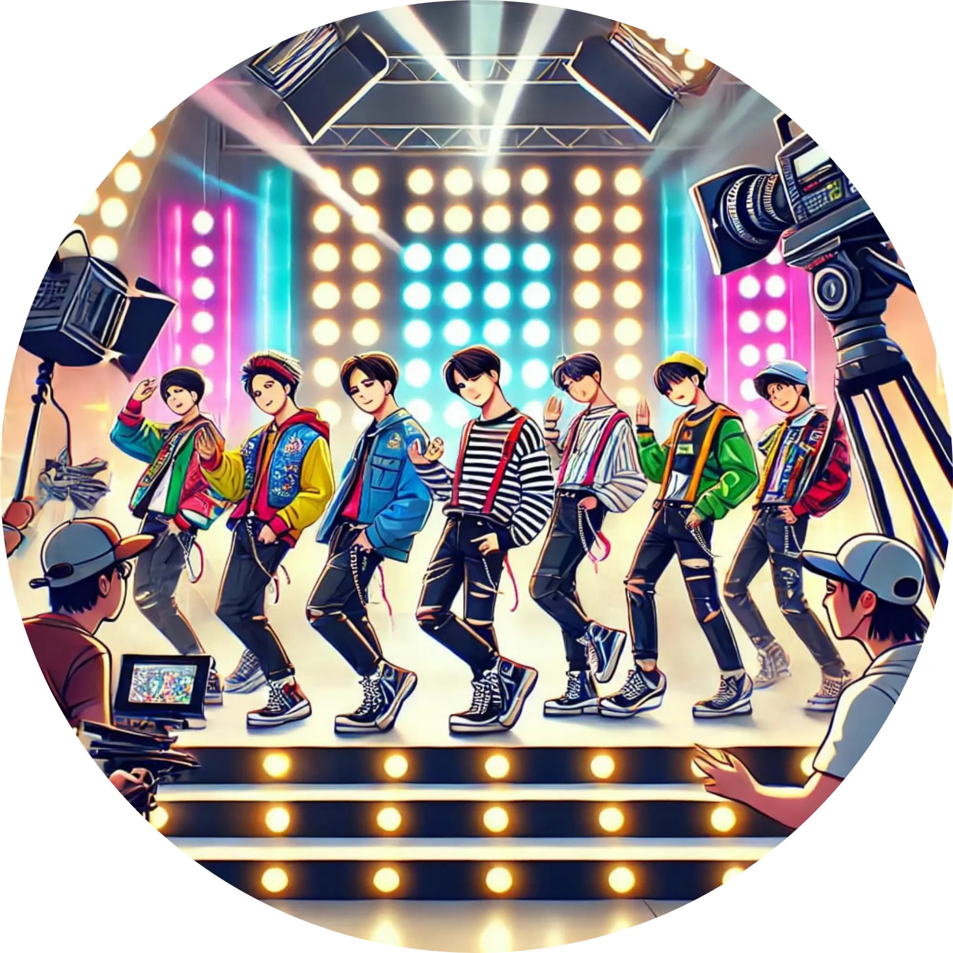 Dynamische K-Pop-Tanzperformance mit vielen Idolen auf hell erleuchteter Bühne
