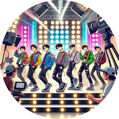 Dynamische K-Pop-Tanzperformance mit vielen Idolen auf hell erleuchteter Bühne
