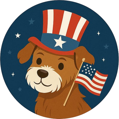 Lächelnder Hund mit Uncle-Sam-Hut auf rotem Kreis – niedliches Tiermotiv für patriotische Feiern.
