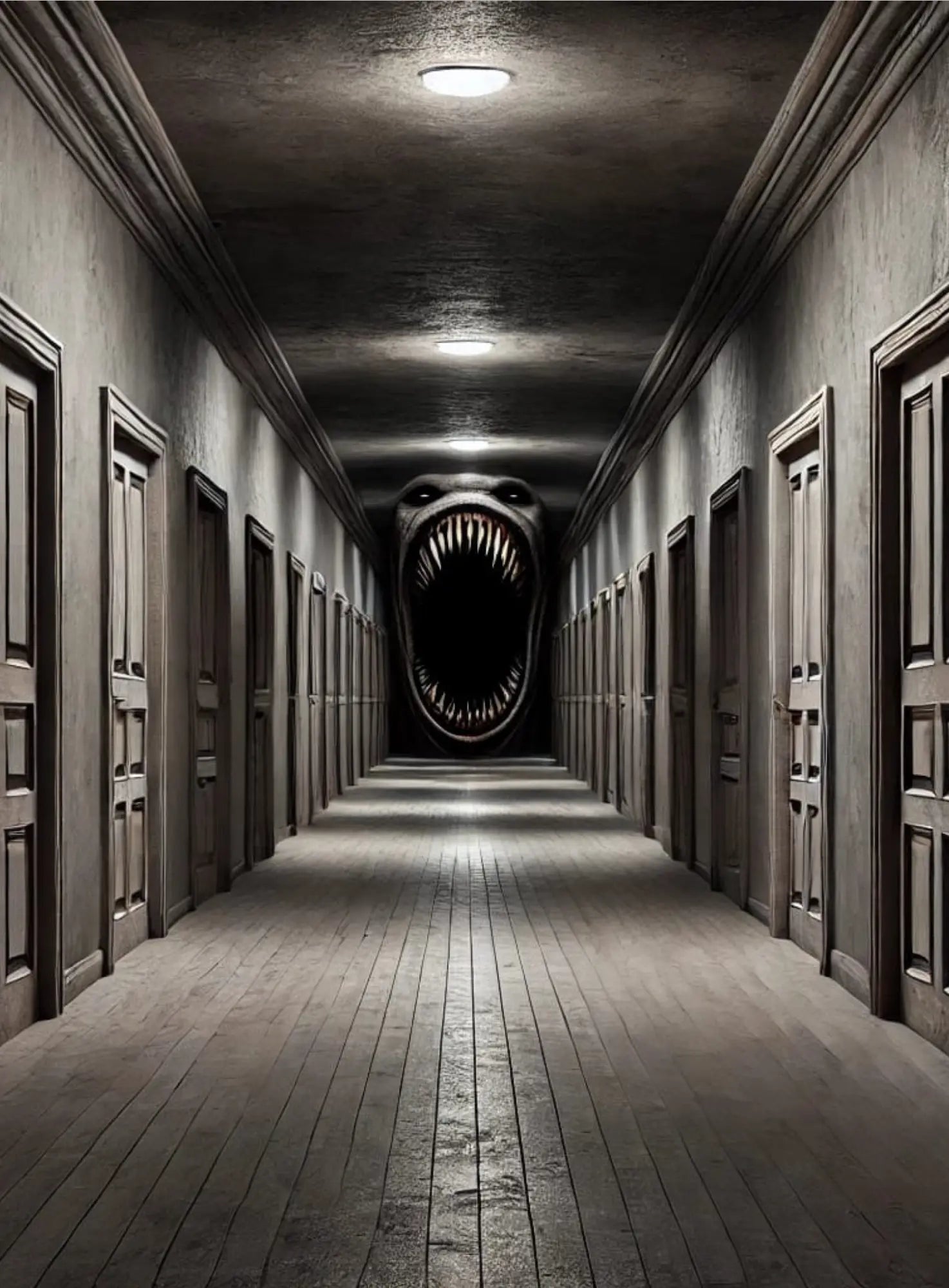 Endloser Gang mit Türen und Neonlicht
Ein unheimlicher, symmetrischer Korridor mit weißen Türen – als gäbe es kein Entkommen.Eine Kreatur mit Zähnen lauert am Ende des Flurs.