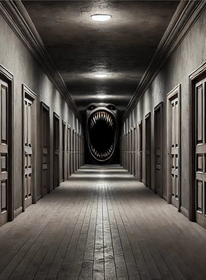 Endloser Gang mit Türen und Neonlicht
Ein unheimlicher, symmetrischer Korridor mit weißen Türen – als gäbe es kein Entkommen.Eine Kreatur mit Zähnen lauert am Ende des Flurs.