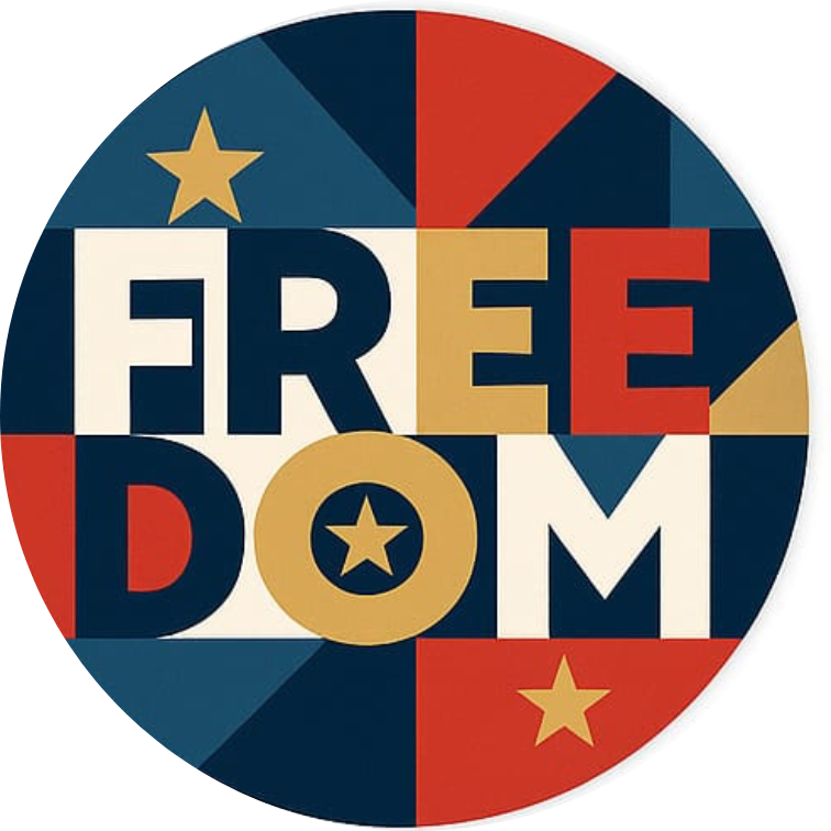 „FREEDOM“ in großen Lettern auf Sternenbanner mit gelbem Stern in der Mitte – plakatives Statementdesign.