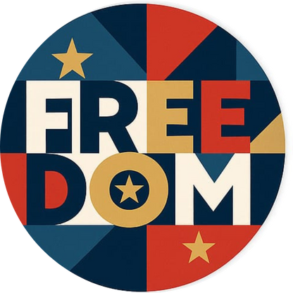 „FREEDOM“ in großen Lettern auf Sternenbanner mit gelbem Stern in der Mitte – plakatives Statementdesign.