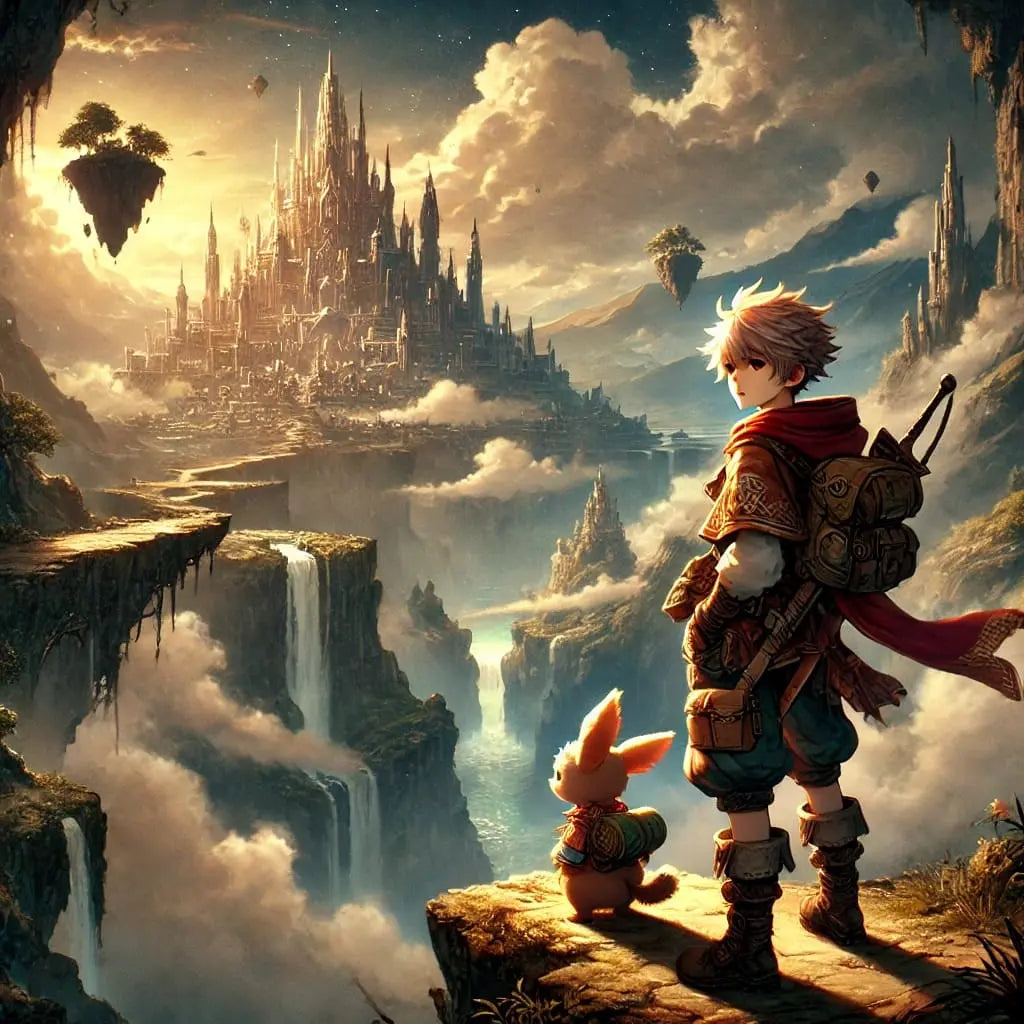 Fantasy-Manga-Junge mit Umhang auf Felsen, im Hintergrund eine schwebende Stadt.