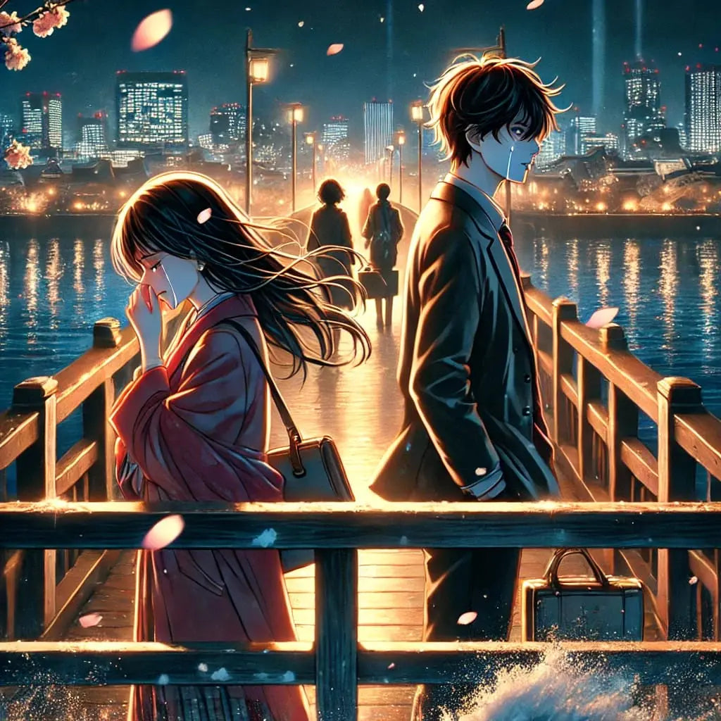 Zwei Jugendliche stehen einander gegenüber auf einer Brücke mit Stadtlichtern im Hintergrund.