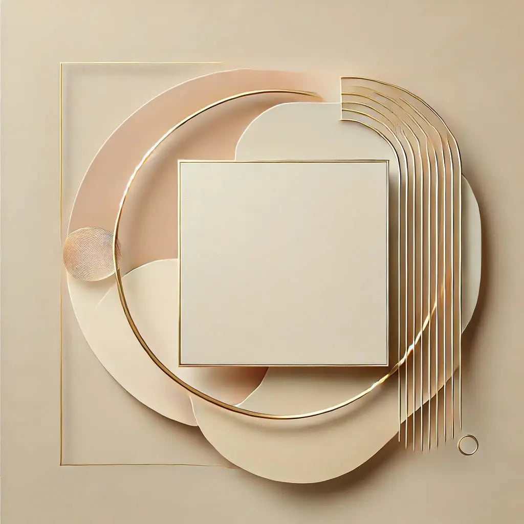 Geometrische Komposition in Beige und Gold – Abstraktes Design aus Kreisen, Linien und Quadraten mit goldenen Akzenten auf beigem Untergrund.