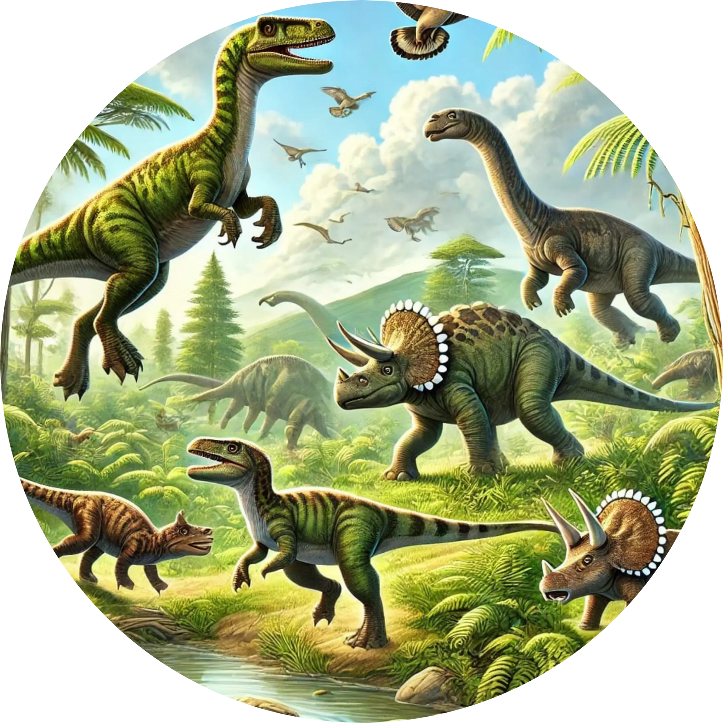 Dinoherde mit Vulkan im Dschungel – farbenfrohe Szene